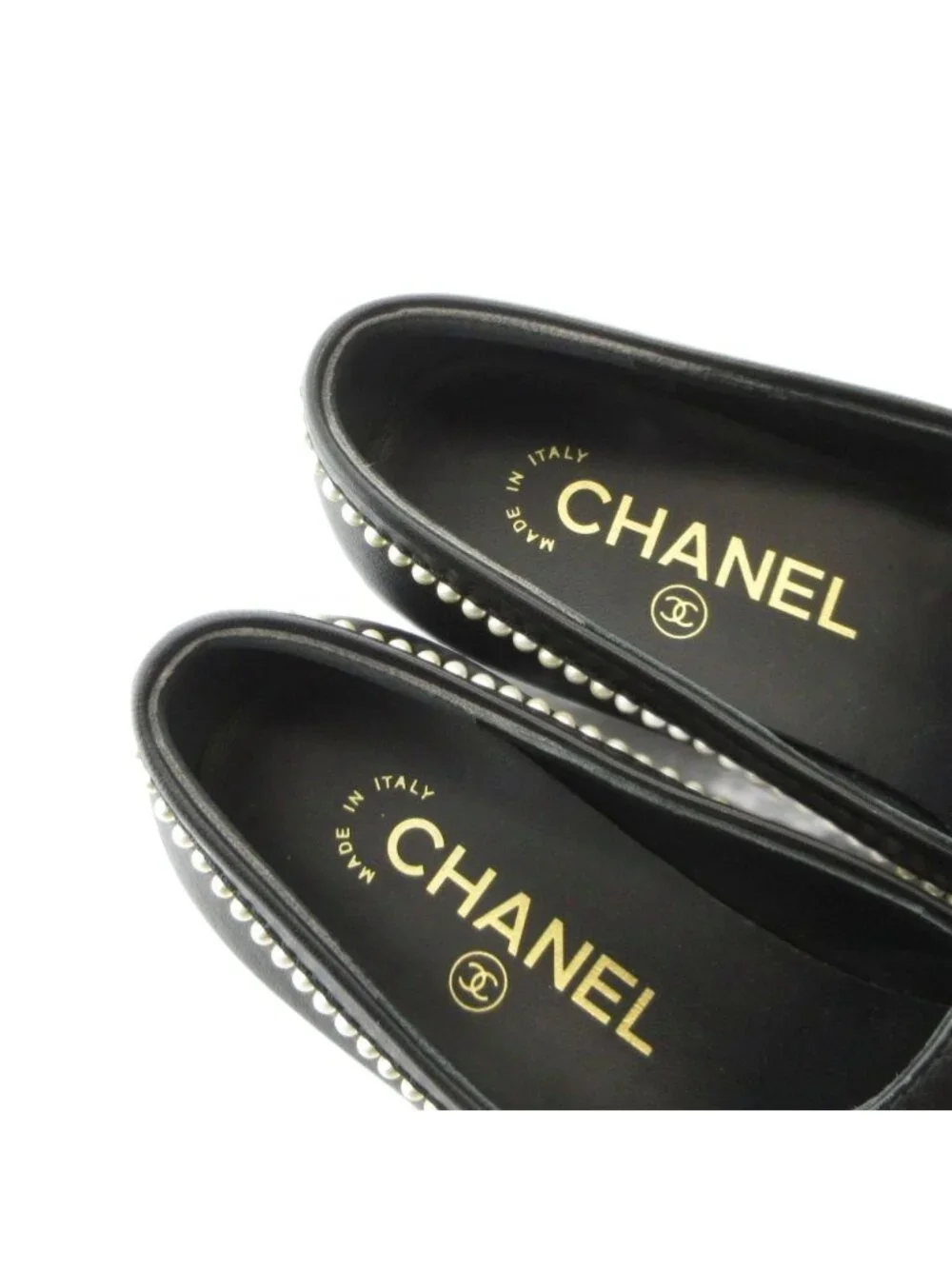 Chanel Loafers Moccasins CC Logo Faux Pearl Leather 34 Black